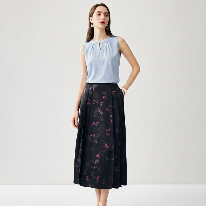 Round Keyhole Neck Sleeveless Mulberry Silk Tank Top for Women