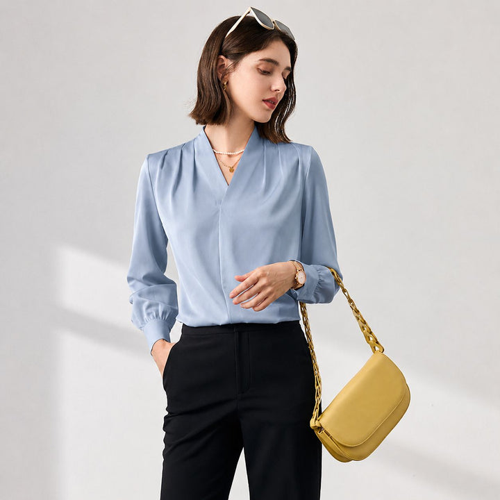 22 Momme Women's V-Neck Draped Front Long Sleeve Silk Blouse