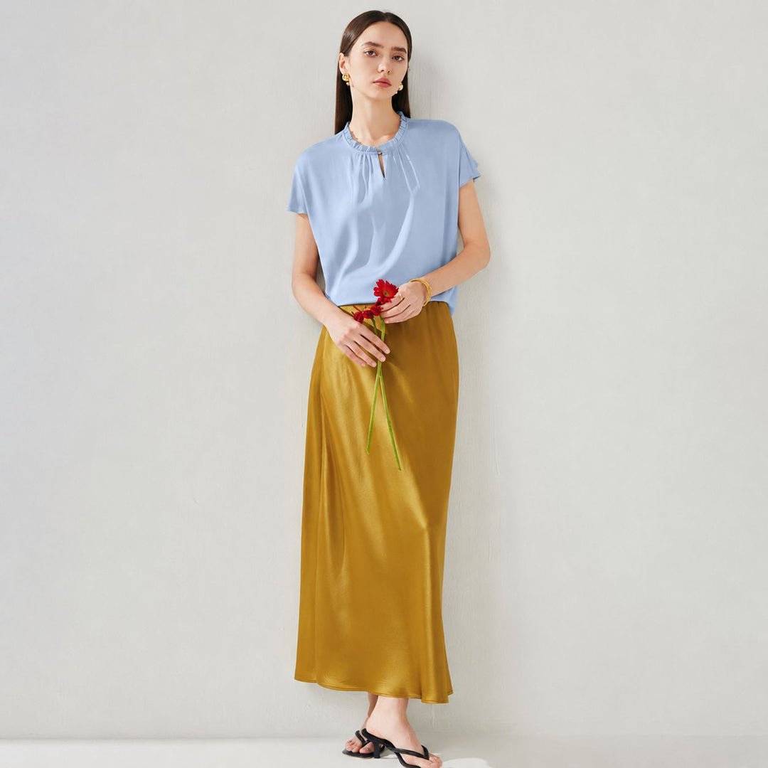 22 Momme Ruffled Stand Collar Women's Short Sleeve Mulberry Silk Shirt