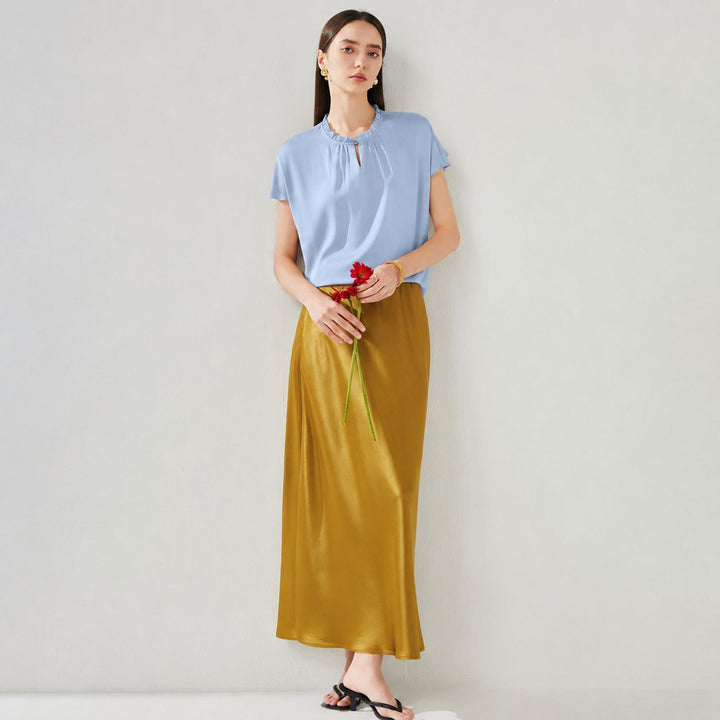 22 Momme Ruffled Stand Collar Women's Short Sleeve Mulberry Silk Shirt