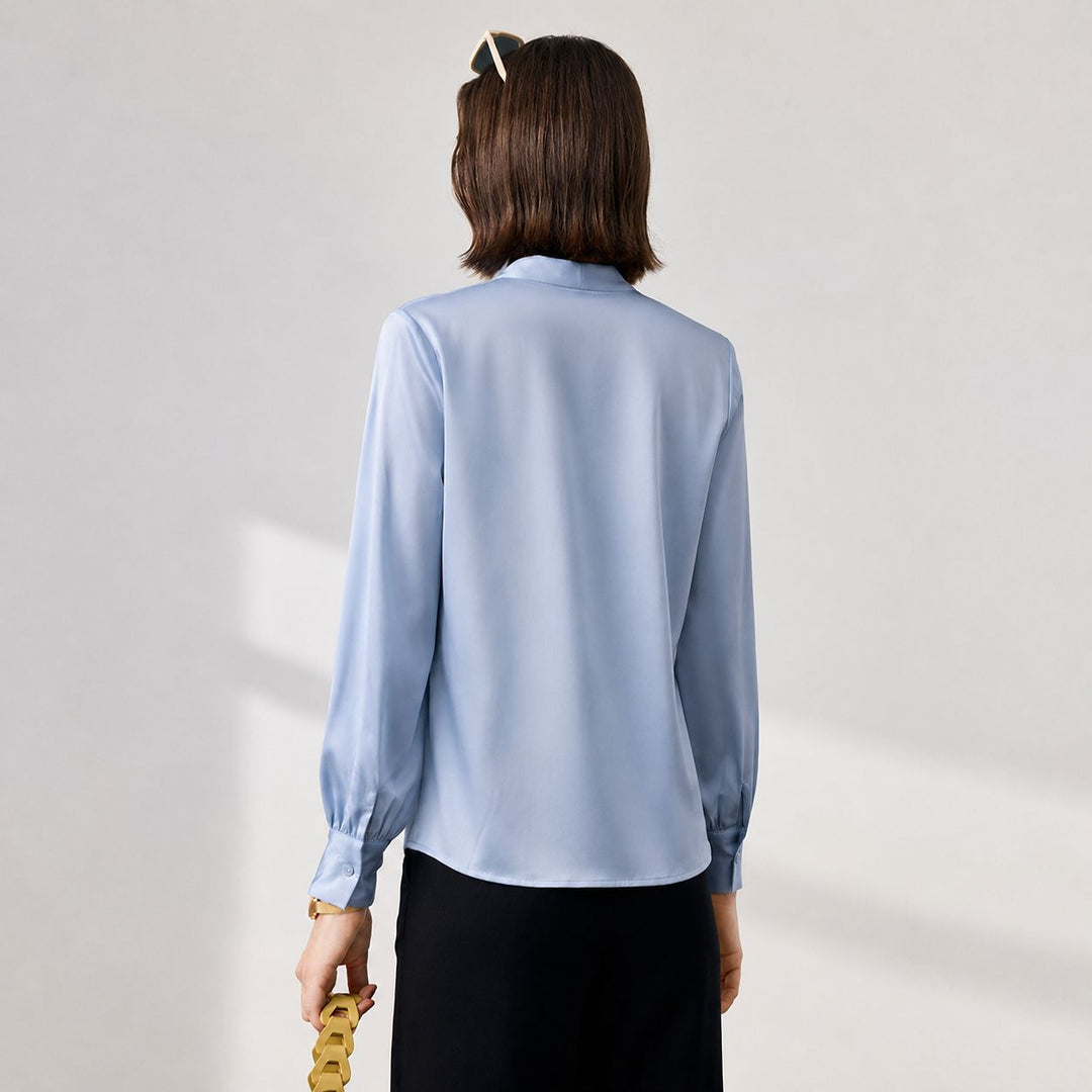 22 Momme Women's V-Neck Draped Front Long Sleeve Silk Blouse