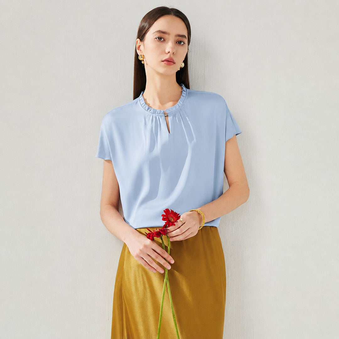 22 Momme Ruffled Stand Collar Women's Short Sleeve Mulberry Silk Shirt