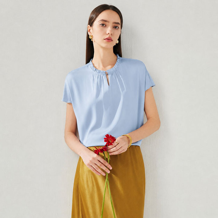 22 Momme Ruffled Stand Collar Women's Short Sleeve Mulberry Silk Shirt