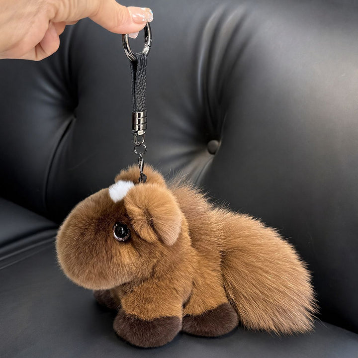 Real Rabbit Fur Plush Brown Horse Keychain with Fluffy Tail