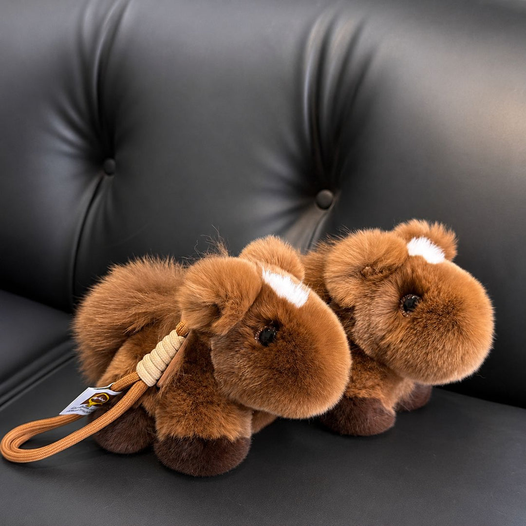 Real Rabbit Fur Plush Brown Horse Keychain with Fluffy Tail