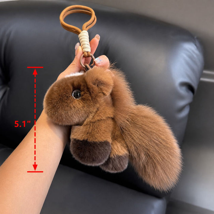 Real Rabbit Fur Plush Brown Horse Keychain with Fluffy Tail