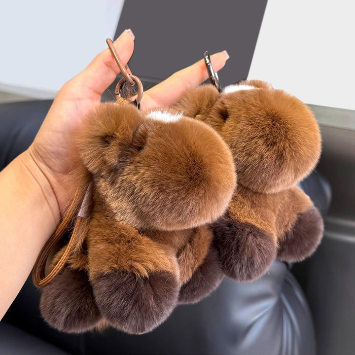 Real Rabbit Fur Plush Brown Horse Keychain with Fluffy Tail