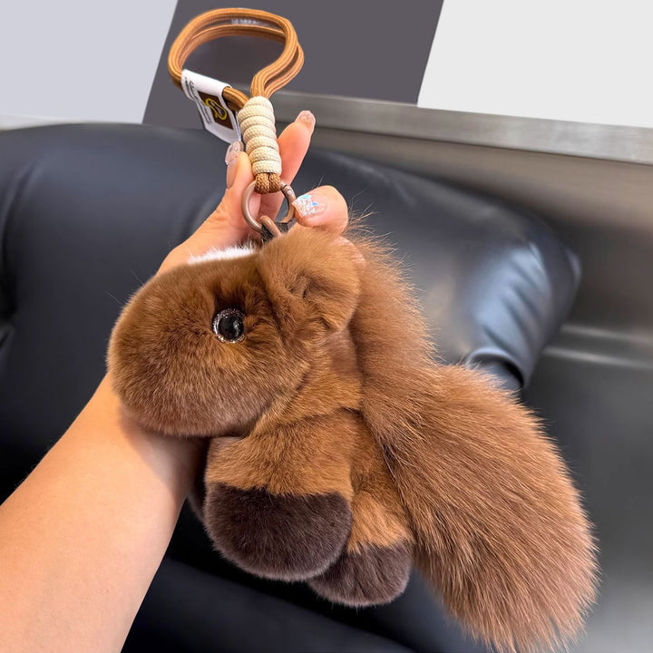 Real Rabbit Fur Plush Brown Horse Keychain with Fluffy Tail