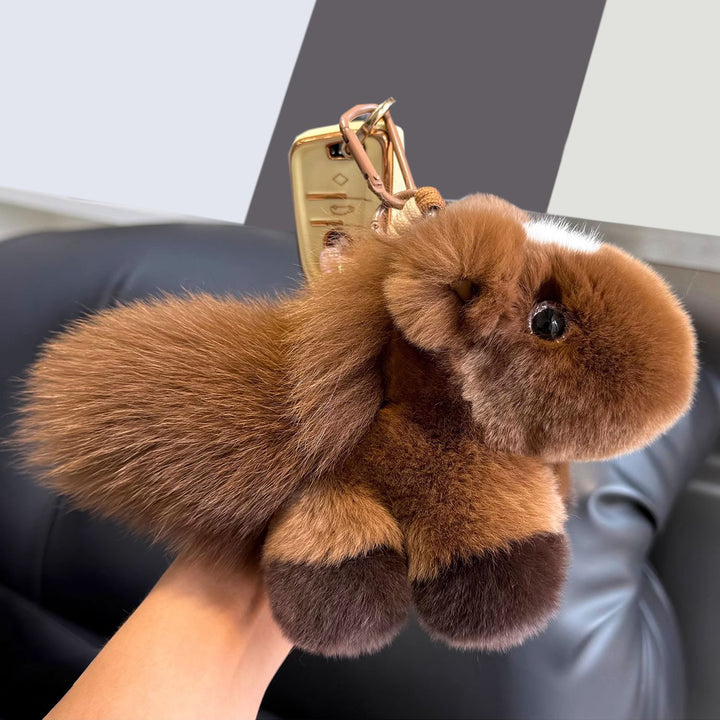 Real Rabbit Fur Plush Brown Horse Keychain with Fluffy Tail