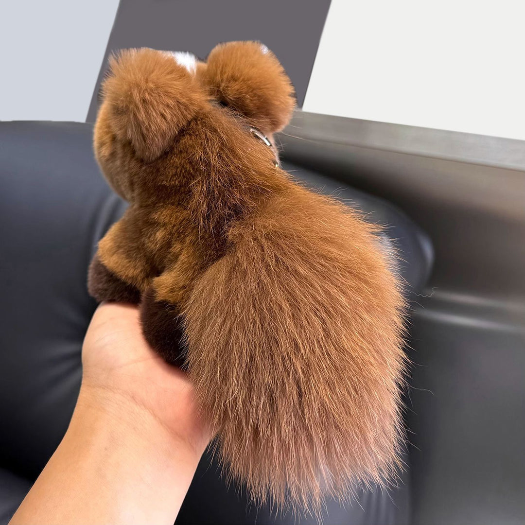 Real Rabbit Fur Plush Brown Horse Keychain with Fluffy Tail