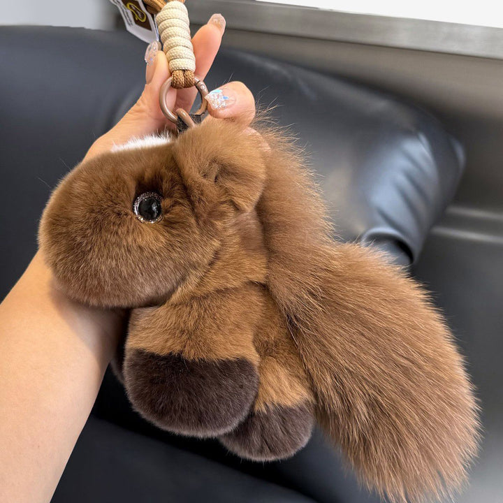 Real Rabbit Fur Plush Brown Horse Keychain with Fluffy Tail