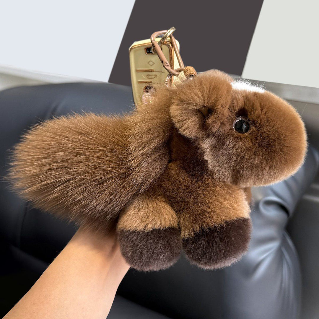 Real Rabbit Fur Plush Brown Horse Keychain with Fluffy Tail