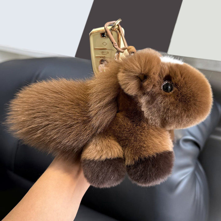 Real Rabbit Fur Plush Brown Horse Keychain with Fluffy Tail
