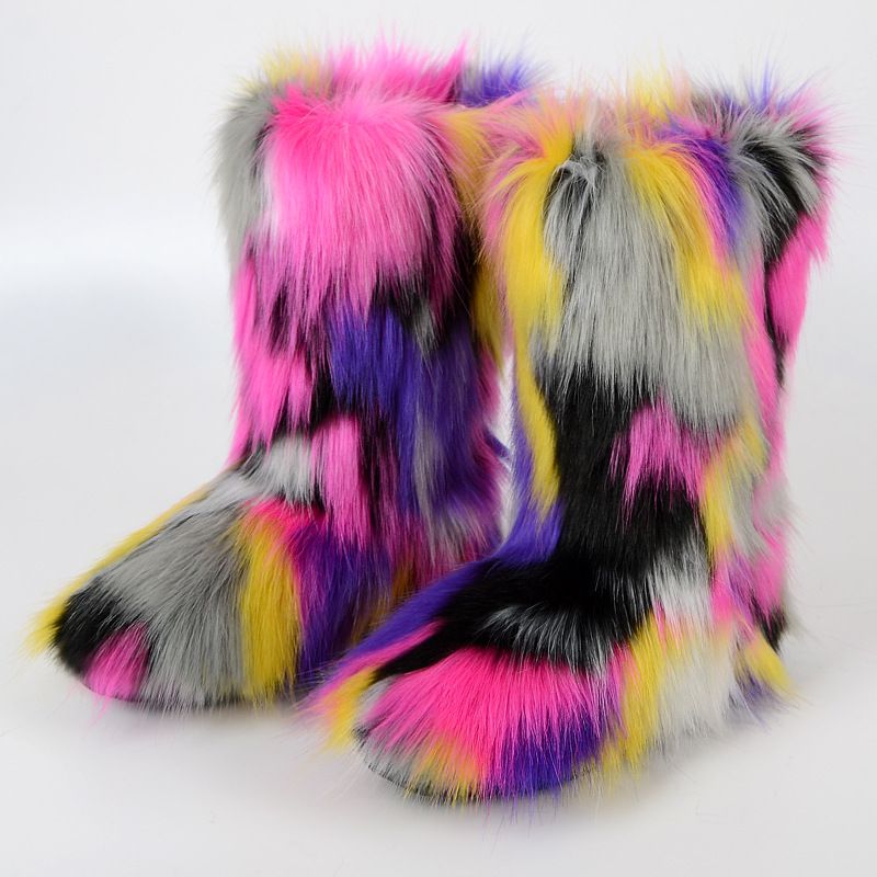 Vibrant Patchwork Faux Fur Boots Women Colorful Winter Furry Snow Boots Footwear