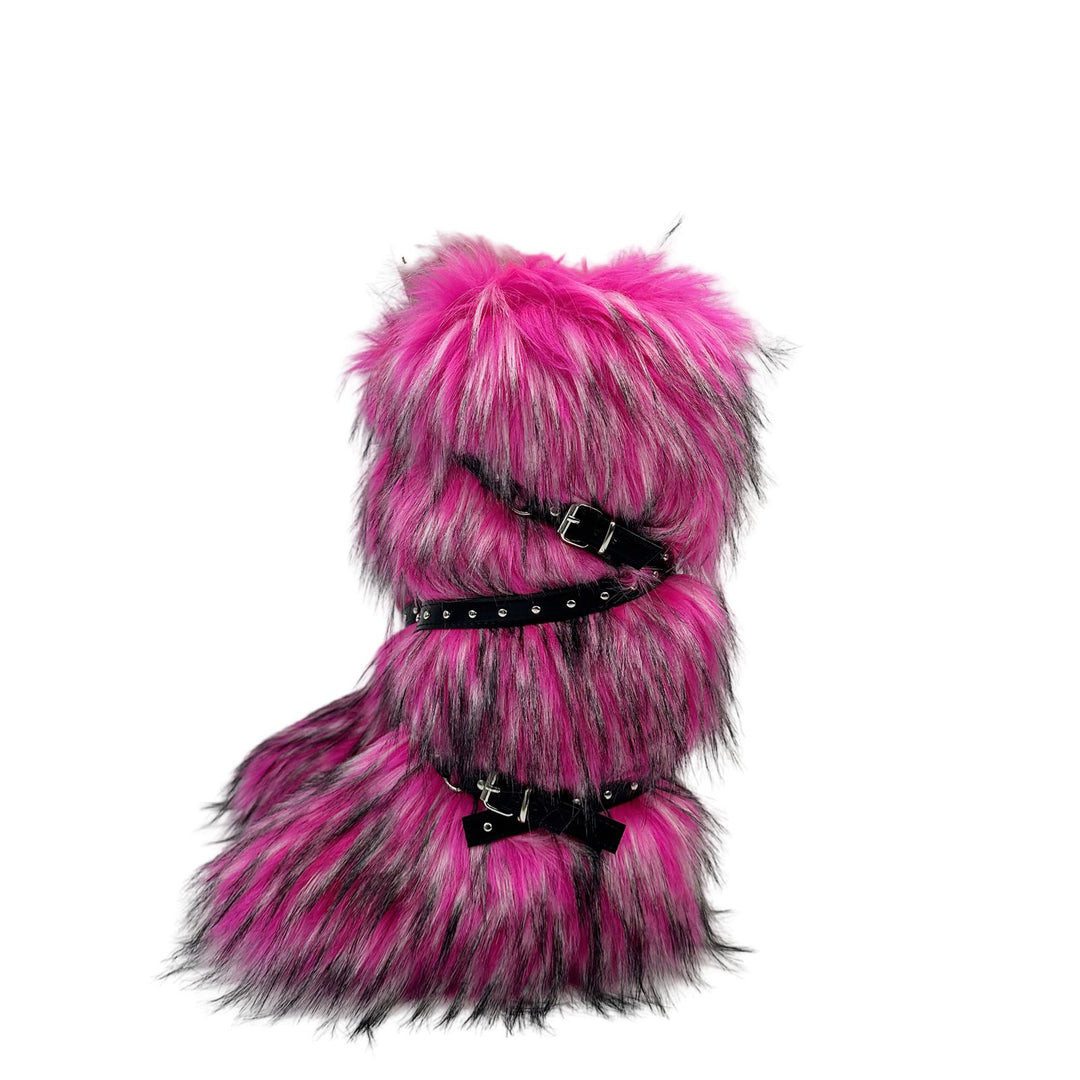 Womens Faux Fur Boot Winter Fluffy Long Furry Boots for Girls Outdoor Fuzzy Knee-High Sexy Snow Boots with Cross Straps and Buckle