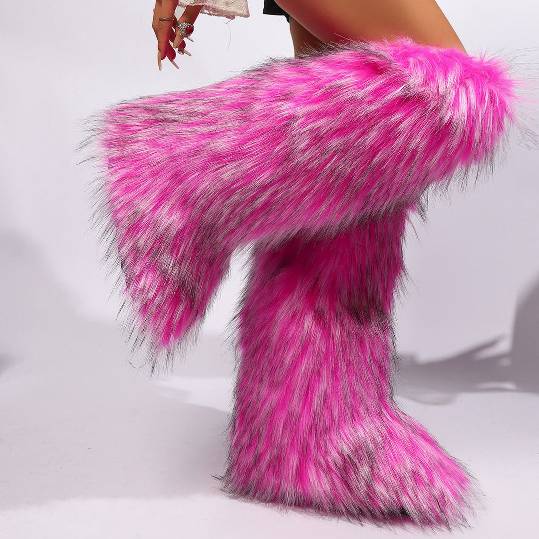Womens Faux Fur Boot Winter Fluffy Long Furry Boots for Girls Outdoor Fuzzy Knee-High Boots