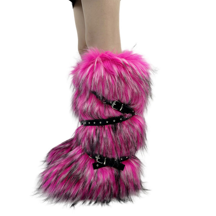 Womens Faux Fur Boot Winter Fluffy Long Furry Boots for Girls Outdoor Fuzzy Knee-High Sexy Snow Boots with Cross Straps and Buckle