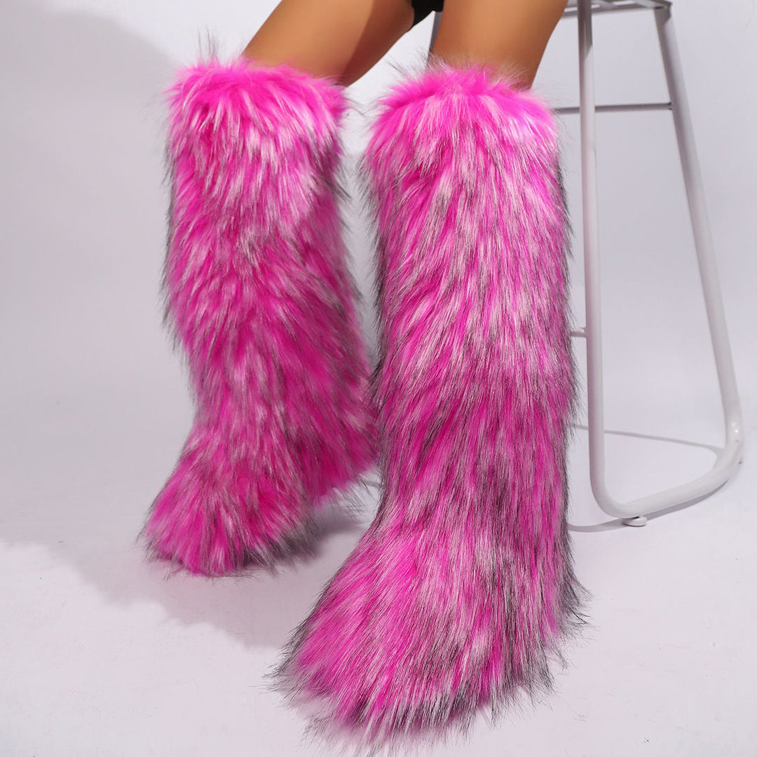 Womens Faux Fur Boot Winter Fluffy Long Furry Boots for Girls Outdoor Fuzzy Knee-High Boots