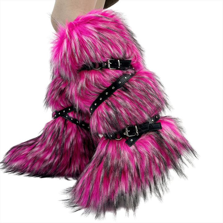 Womens Faux Fur Boot Winter Fluffy Long Furry Boots for Girls Outdoor Fuzzy Knee-High Sexy Snow Boots with Cross Straps and Buckle