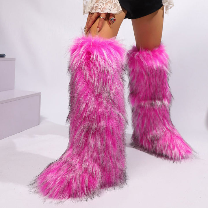 Womens Faux Fur Boot Winter Fluffy Long Furry Boots for Girls Outdoor Fuzzy Knee-High Boots