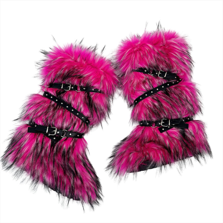 Womens Faux Fur Boot Winter Fluffy Long Furry Boots for Girls Outdoor Fuzzy Knee-High Sexy Snow Boots with Cross Straps and Buckle