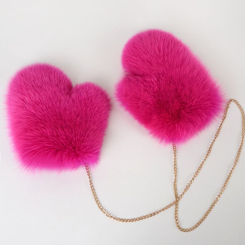 Luxury Real Fox Fur Mittens with Chain Strap Warm Winter Leather Fur Gloves for Women