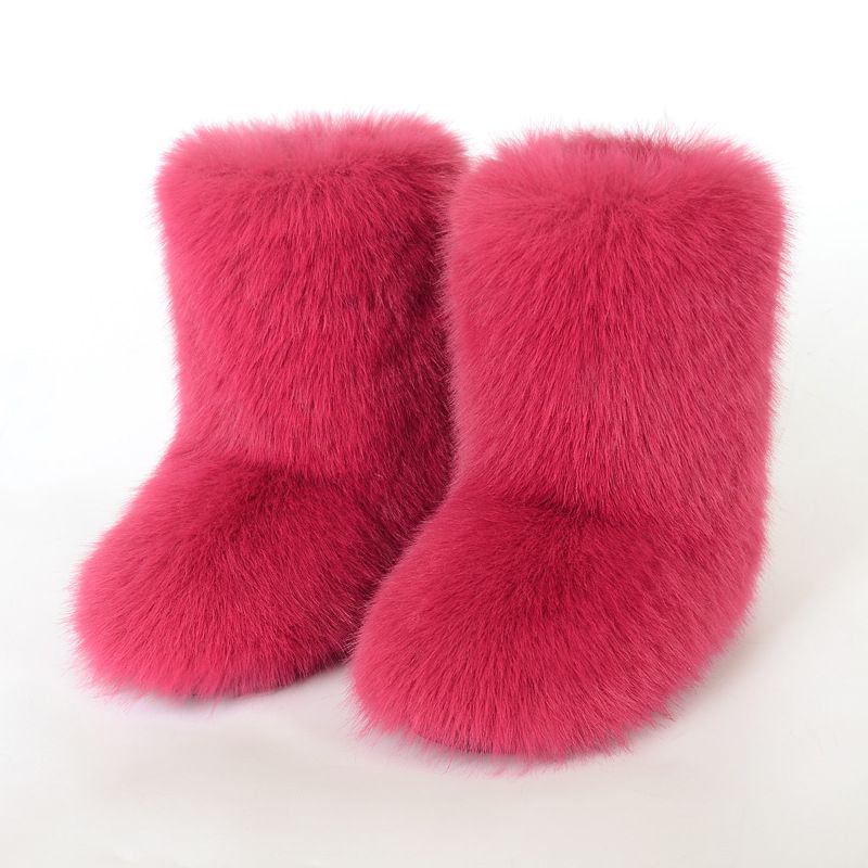 Faux Fox Fur Snow Boots for Women Winter Furry Cozy Slip-On Ankle Fur Boots