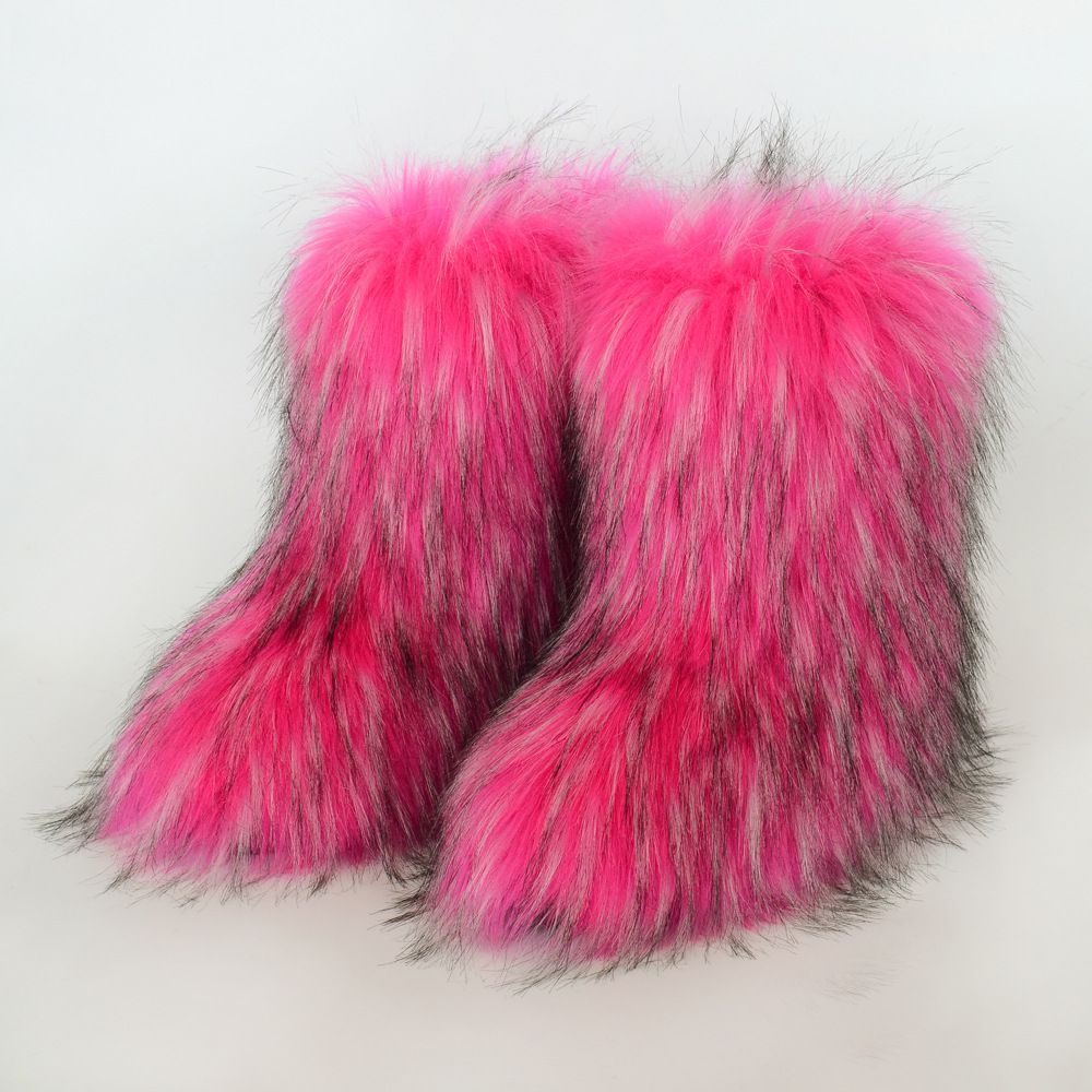 Faux Raccoon Fur Snow Boots for Women Winter Furry Cozy Slip-On Ankle Fur Boots