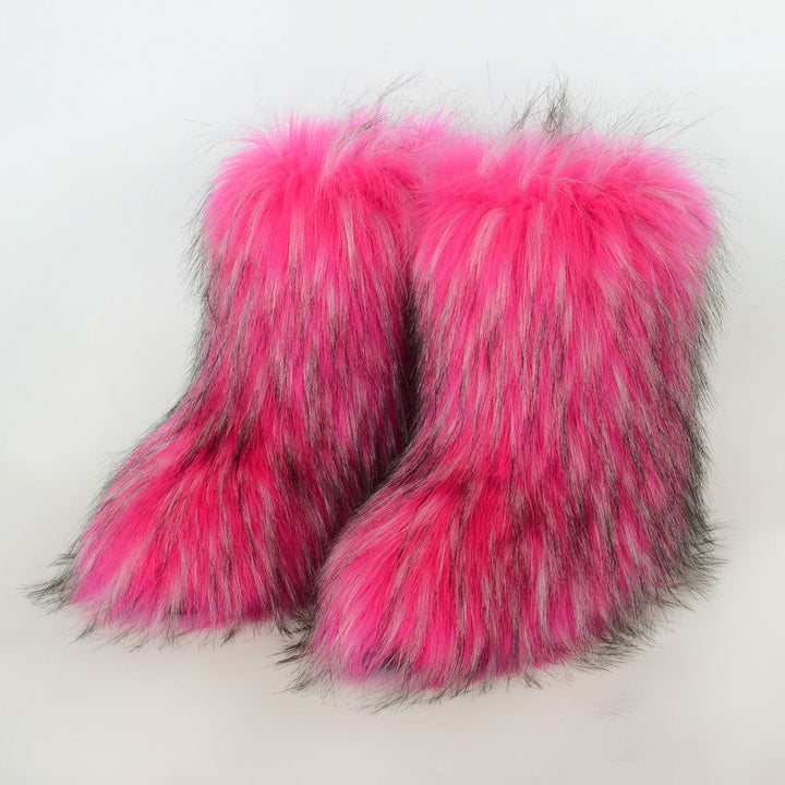 Faux Raccoon Fur Snow Boots for Women Winter Furry Cozy Slip-On Ankle Fur Boots
