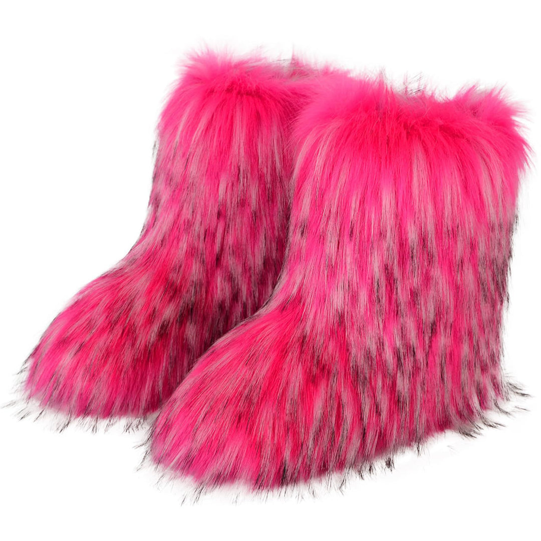 Faux Raccoon Fur Snow Boots for Women Winter Furry Cozy Slip-On Ankle Fur Boots