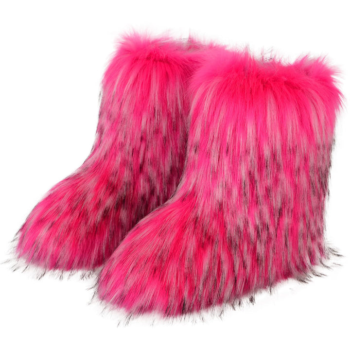 Faux Raccoon Fur Snow Boots for Women Winter Furry Cozy Slip-On Ankle Fur Boots