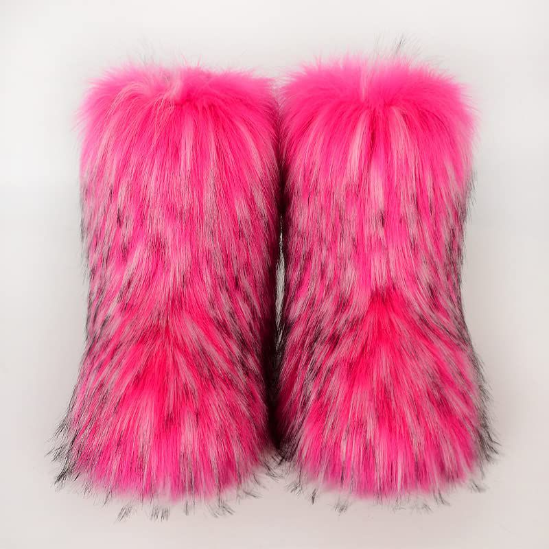 Faux Raccoon Fur Snow Boots for Women Winter Furry Cozy Slip-On Ankle Fur Boots