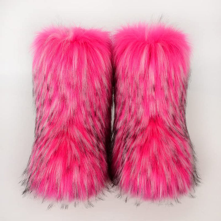 Faux Raccoon Fur Snow Boots for Women Winter Furry Cozy Slip-On Ankle Fur Boots
