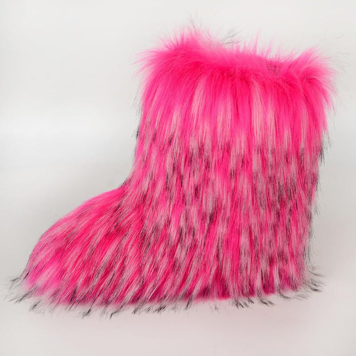 Faux Raccoon Fur Snow Boots for Women Winter Furry Cozy Slip-On Ankle Fur Boots