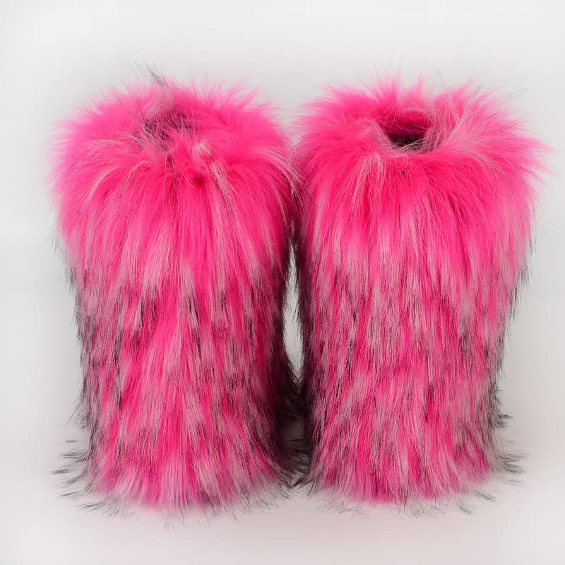Faux Raccoon Fur Snow Boots for Women Winter Furry Cozy Slip-On Ankle Fur Boots