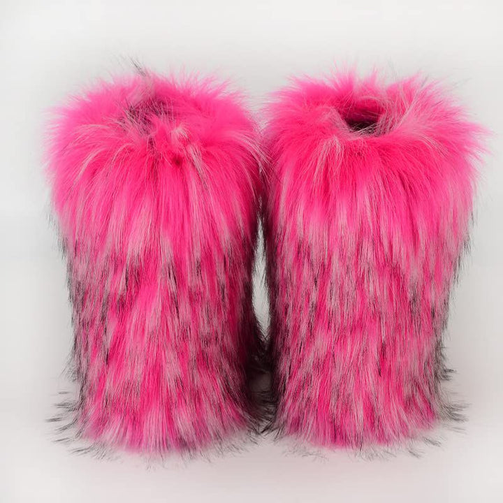 Faux Raccoon Fur Snow Boots for Women Winter Furry Cozy Slip-On Ankle Fur Boots