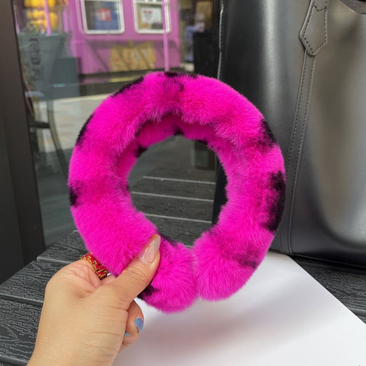 Real Rabbit Fur Headband Women's Soft Plush Leopard Print Hair Accessories