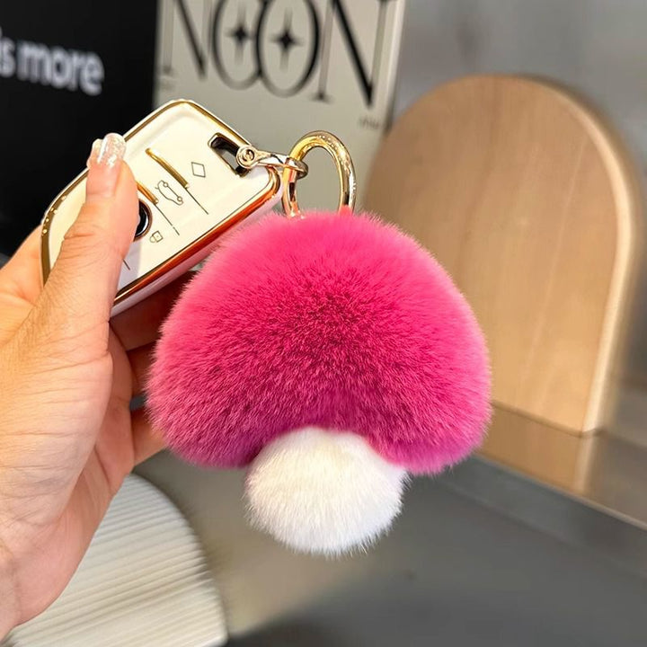 Cute Real Rex Rabbit Fur Mushroom Keychain Fluffy Plush Bag Charm