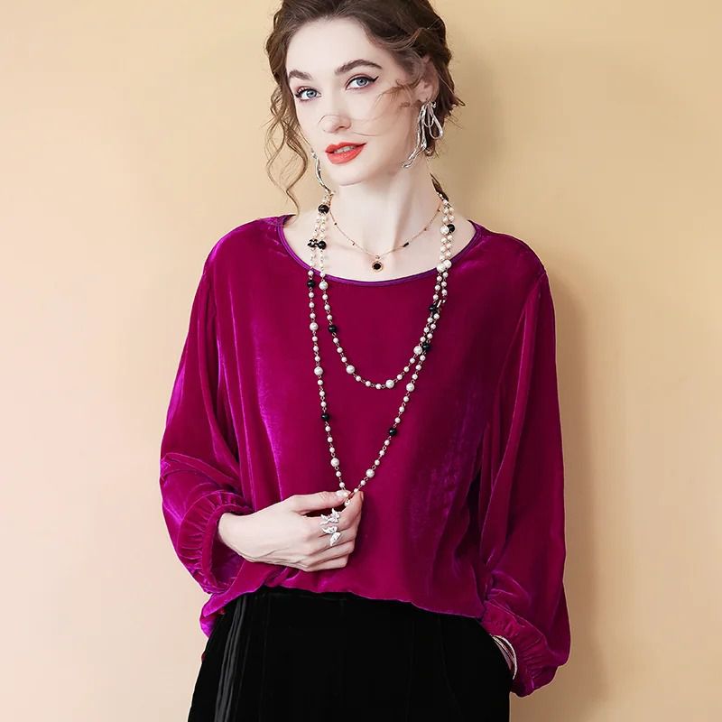 Women’s Fuchsia Silk Velvet Blouse Relaxed Round Neck Long Sleeve Top