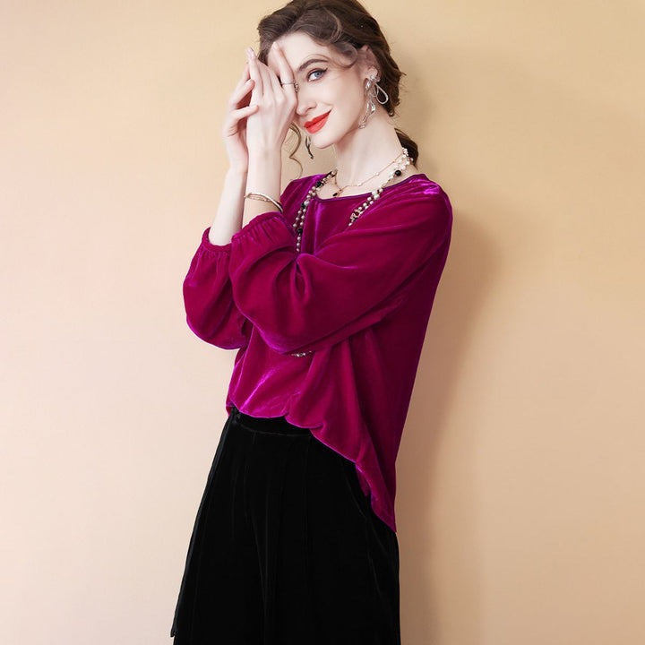 Women’s Fuchsia Silk Velvet Blouse Relaxed Round Neck Long Sleeve Top