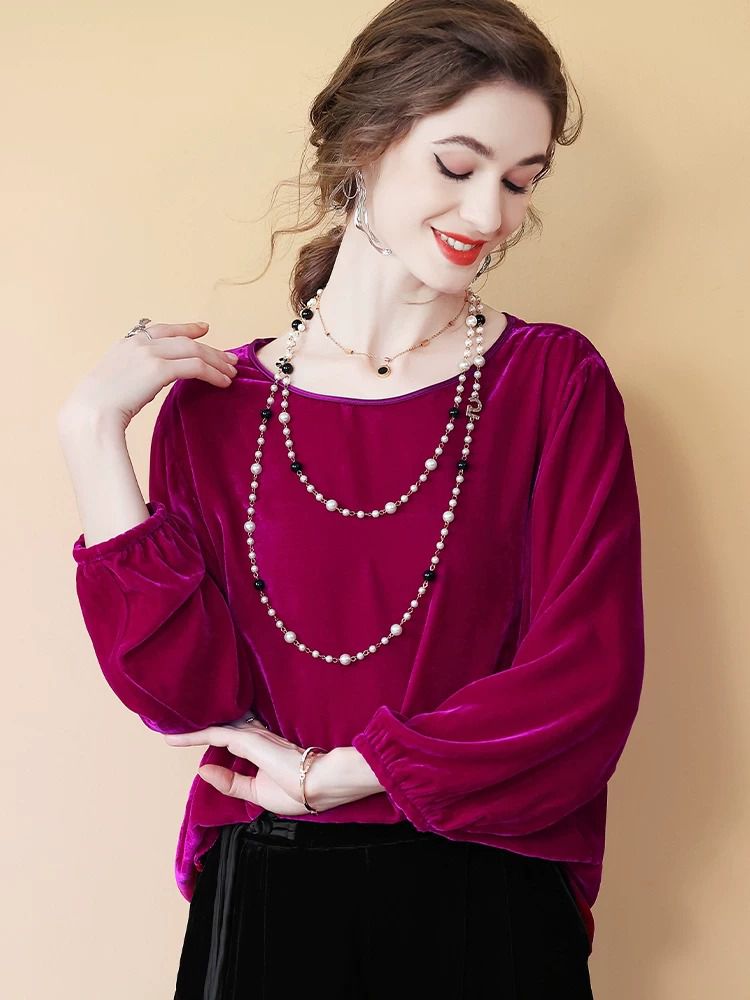 Women’s Fuchsia Silk Velvet Blouse Relaxed Round Neck Long Sleeve Top