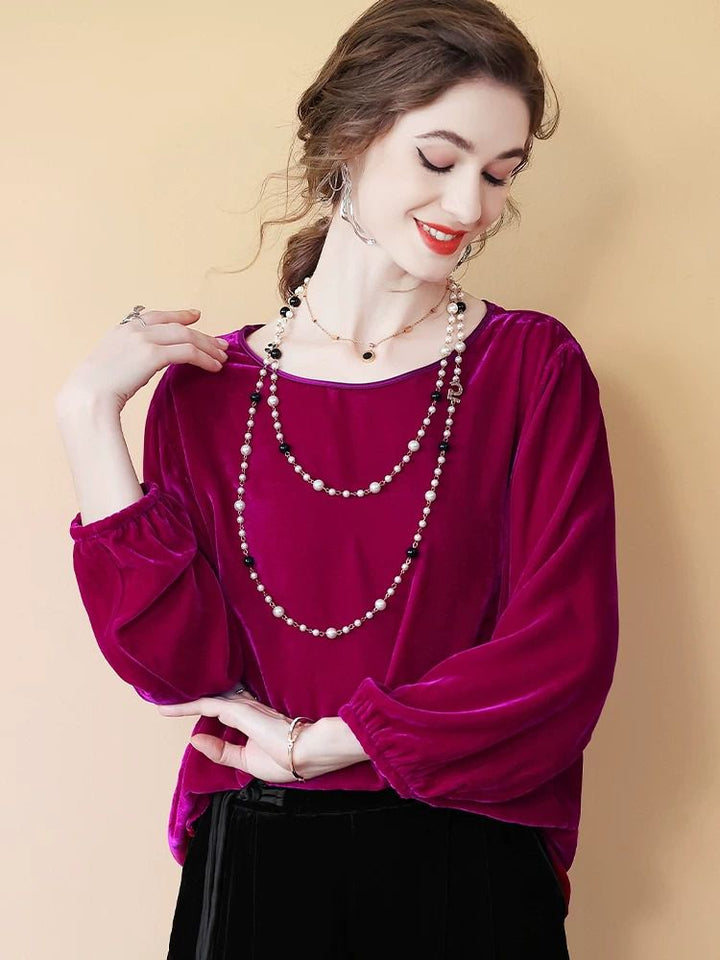 Women’s Fuchsia Silk Velvet Blouse Relaxed Round Neck Long Sleeve Top