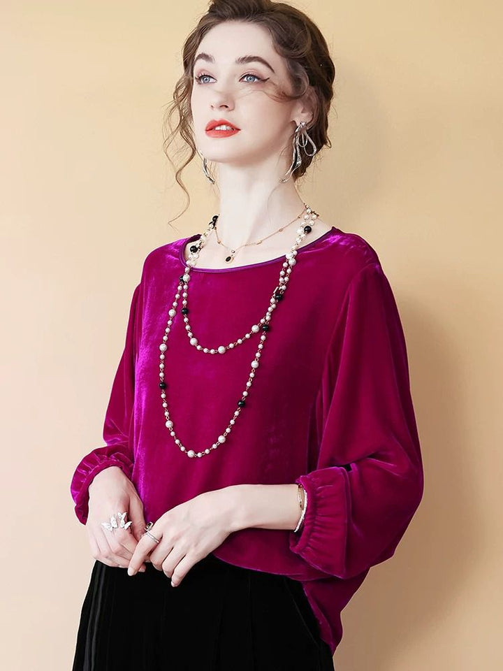 Women’s Fuchsia Silk Velvet Blouse Relaxed Round Neck Long Sleeve Top