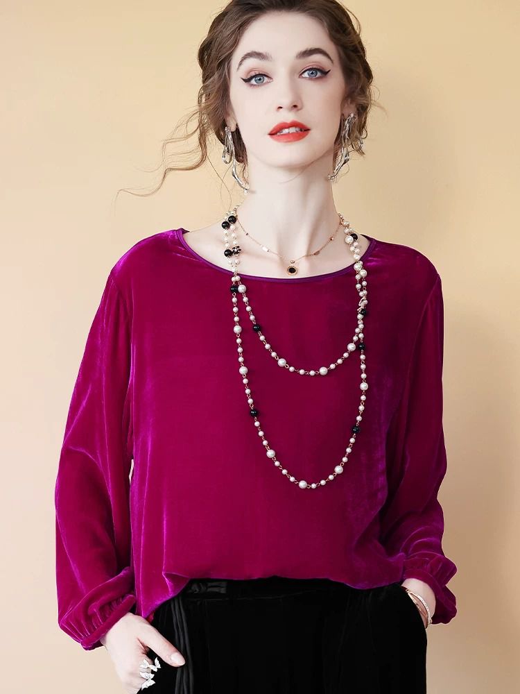 Women’s Fuchsia Silk Velvet Blouse Relaxed Round Neck Long Sleeve Top