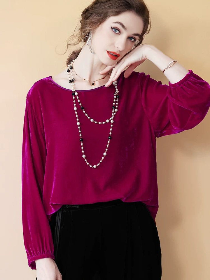 Women’s Fuchsia Silk Velvet Blouse Relaxed Round Neck Long Sleeve Top