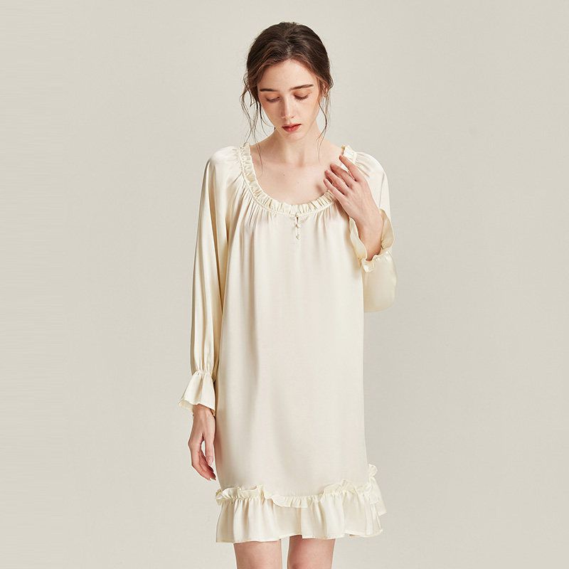 Women’s Long Sleeve 100% Mulberry Silk Nightgown Soft Ruffle Silk Sleep Dress