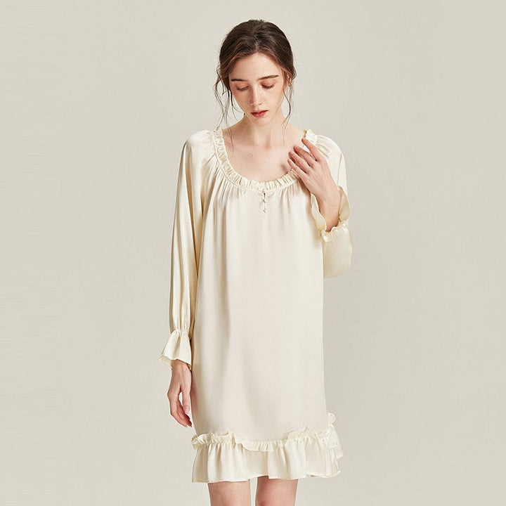 Women’s Long Sleeve 100% Mulberry Silk Nightgown Soft Ruffle Silk Sleep Dress