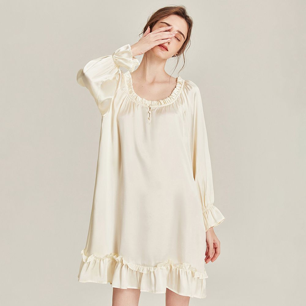 Women’s Long Sleeve 100% Mulberry Silk Nightgown Soft Ruffle Silk Sleep Dress