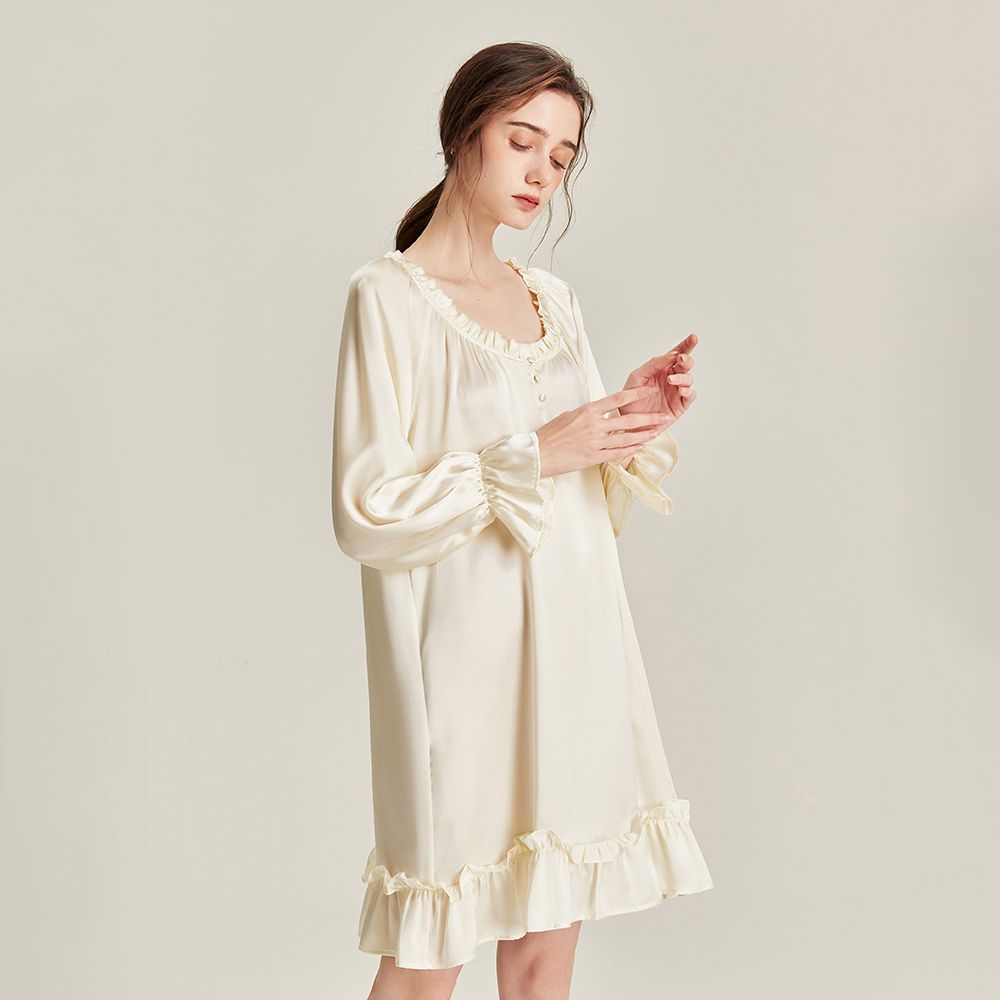 Women’s Long Sleeve 100% Mulberry Silk Nightgown Soft Ruffle Silk Sleep Dress