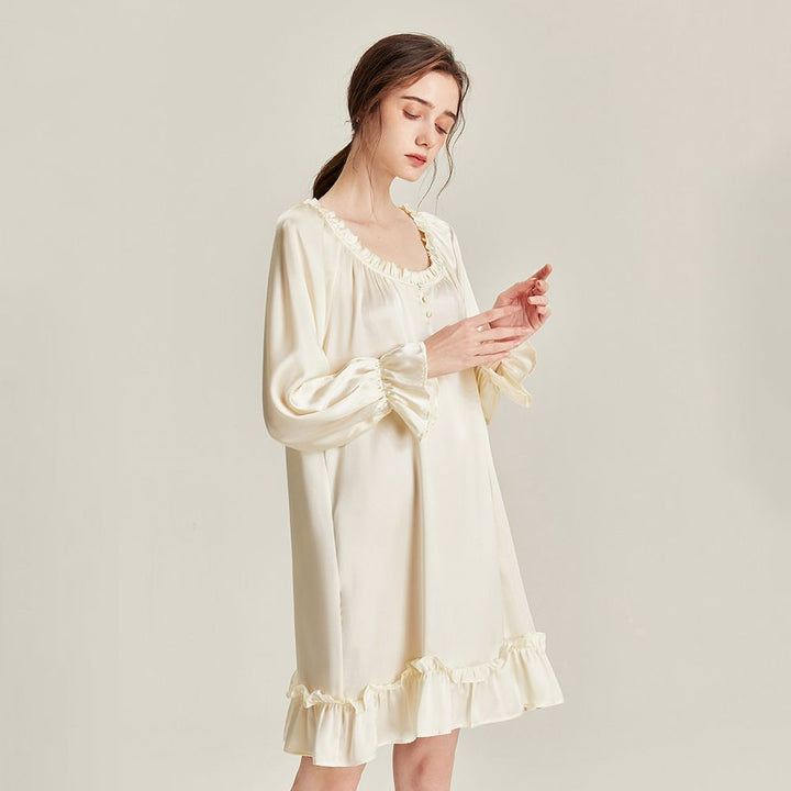 Women’s Long Sleeve 100% Mulberry Silk Nightgown Soft Ruffle Silk Sleep Dress